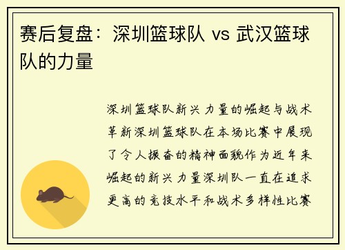 赛后复盘：深圳篮球队 vs 武汉篮球队的力量